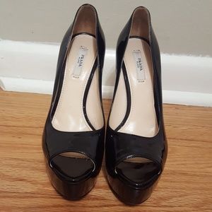 Prada Patent Leather Peep Toe Platform Shoes